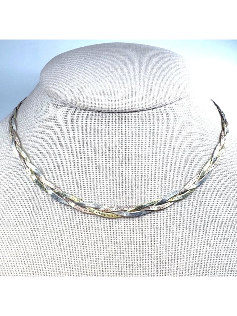 Tri-Color Braided Herringbone Chain Sterling Silver 925 Size 20.25" Length